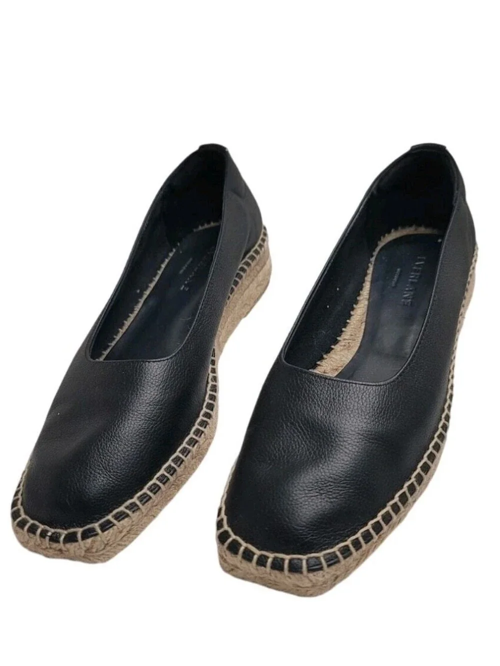 EUC EVERLANE The Espadrille Black Leather/Jute Whipstitch & Wedge Sz 7
